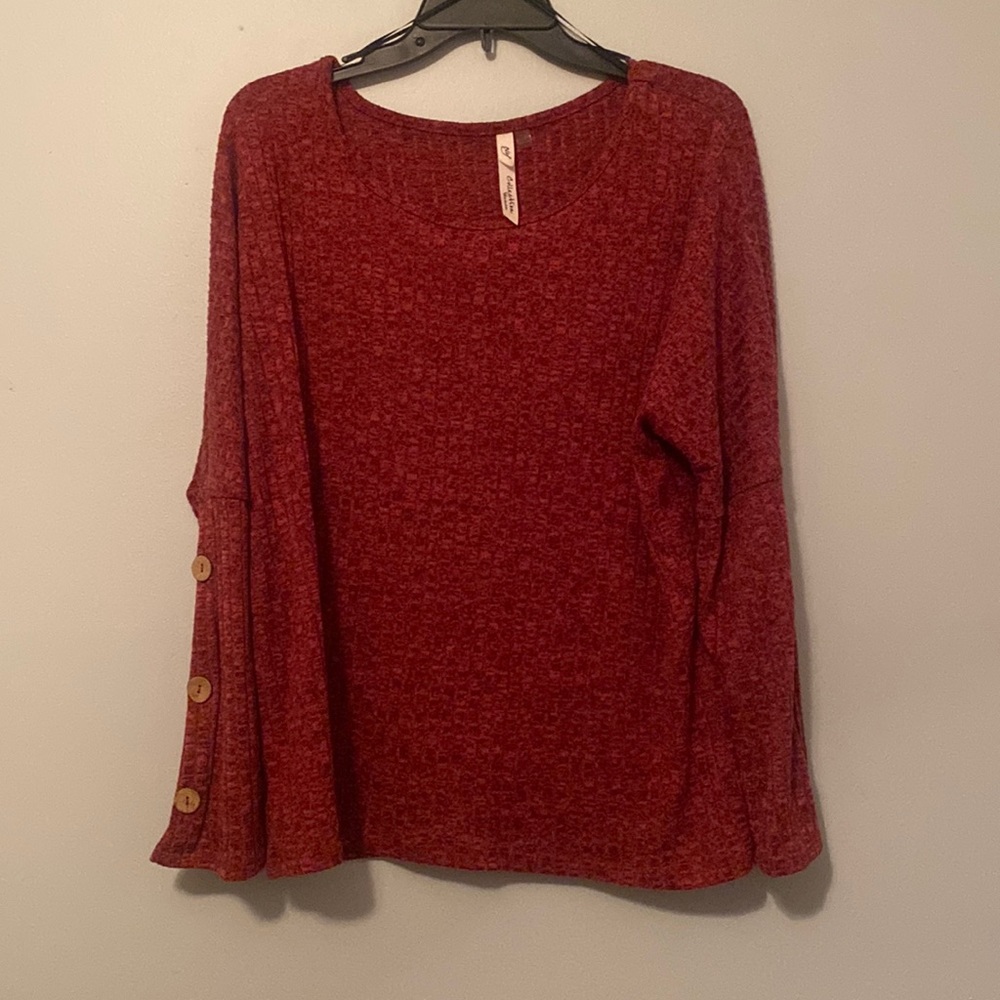 NY Collection Womens Rib Knit Button Long Sleeve Top Red